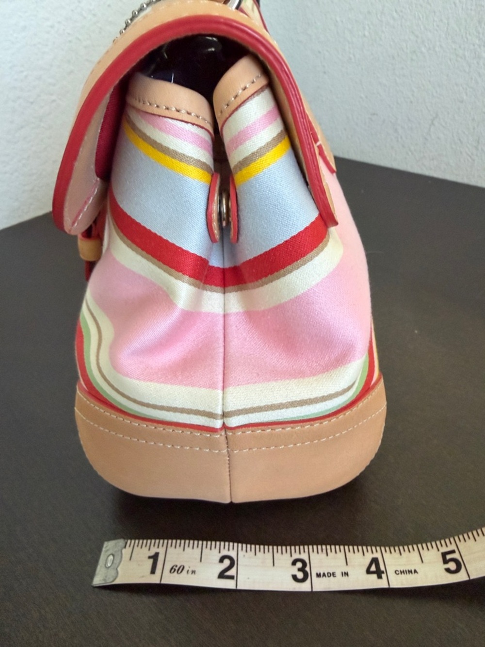 VINTAGE Coach Pink Multi-Stripe Leather-Trim Satchel with Floral Charm(LIKE NEW) - Picture 5 of 16